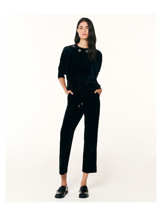 Damen Samt Hose Blumen Schwarz