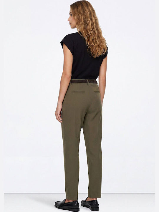 Damen Hochbund Leder Hose in Verjüngt Bein Stil in Khaki