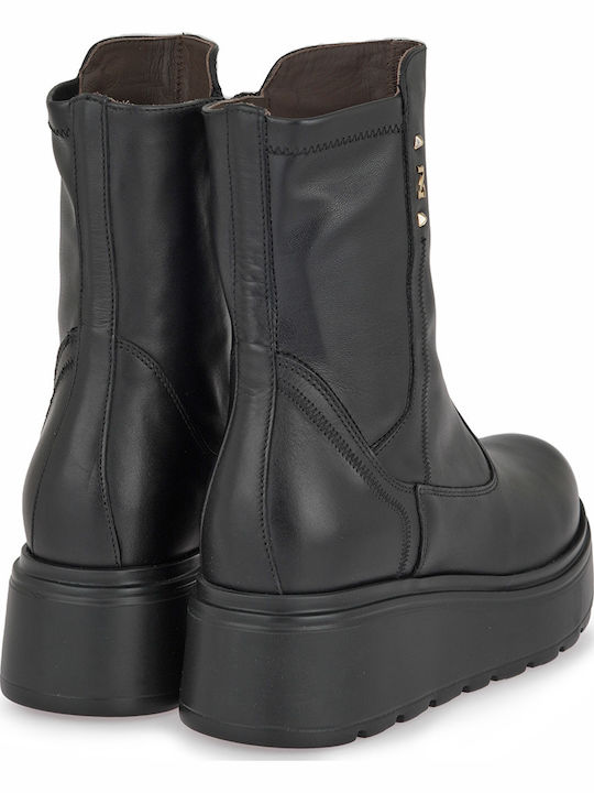 Leather Women's Ankle Boots with Mid Heel Black