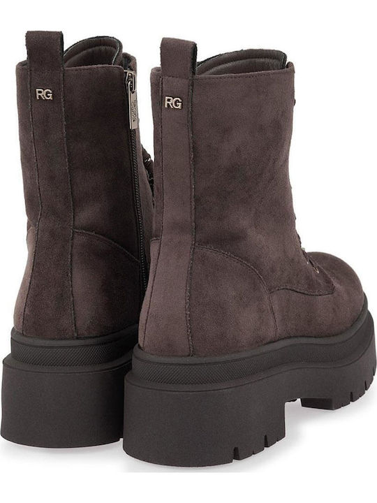 Suede Women's Combat Boots with Mid Heel Brown