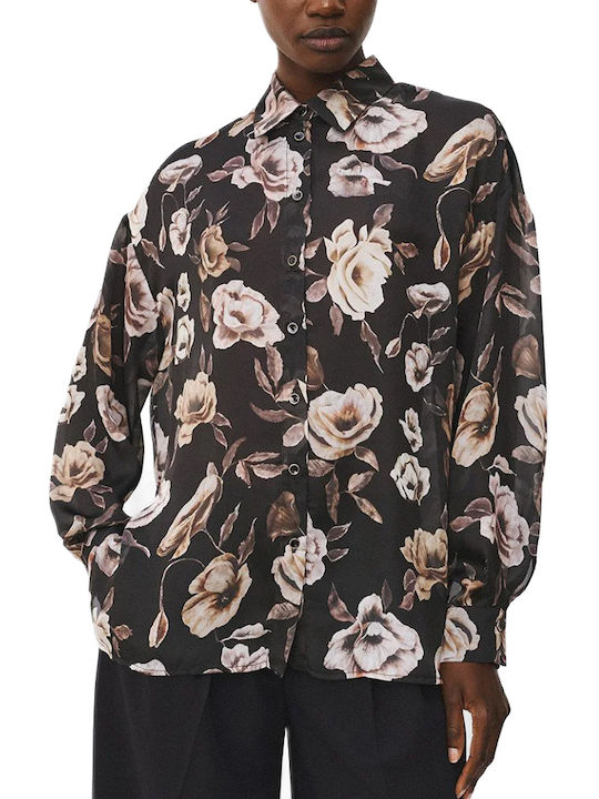 Langärmeliges Damenhemd Schwarz-Beige Blumen 64-7061-0035-Schwarz