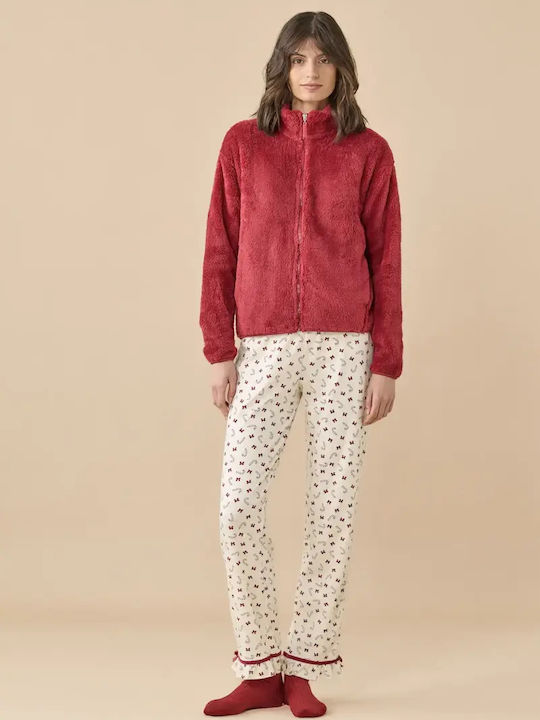 Noidinotte Winter Damen Schlafanzug Strickjacke Burgundisch