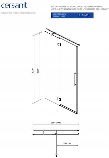 Cersanit Shower Cabin for Shower with Hinged Door 100x200cm Clear Glass