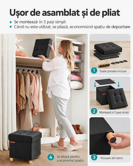 Taburet de Cameră de Zi cu Spațiu de Depozitare Tapițat cu Țesătură Negru 38x38x40cm