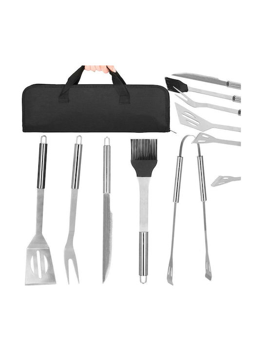Set de ustensile pentru grătar din oțel inoxidabil, 5 piese, cu husă de transport 37x14x5 cm, argintiu