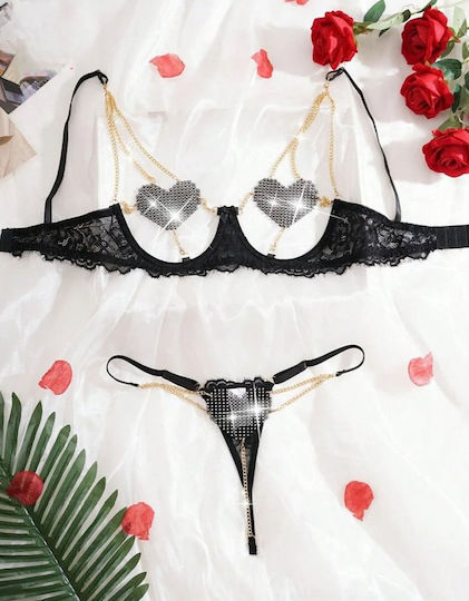 Roza Rz6229 Sexy Set Women’s Lingerie 2 Pieces Black Lace Hearts Rhinestones & Gold-Colored Chains