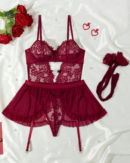 Roza Rz5093 Sexy Set Women's Lingerie 3 Pieces Bordeaux Lace Corset Skirt And Garters