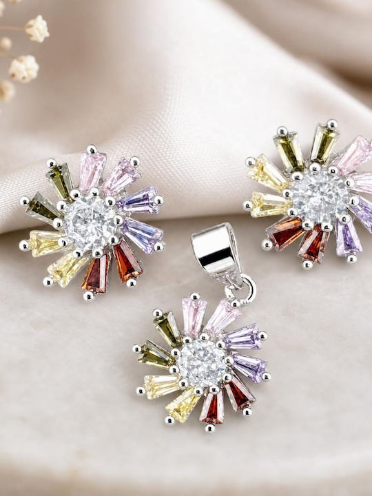 Set Bijuterii Pentru Femei Argint 925 Design Floare Multicolor Petale Centrale Albe 4.2 G Argint Multicolor