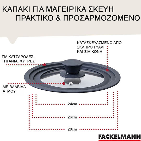 Fackelmann Cookware Lid Glass Silicone Ring 24-26-28cm Black