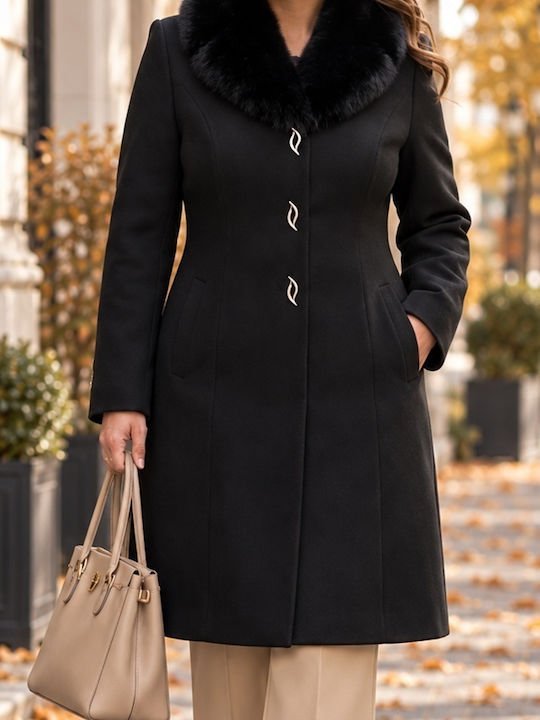 Leder Damenmäntel Schwarz mit Fell Details