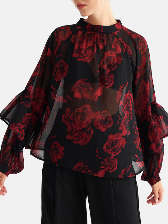 attrattivo Women's Summer Long-Sleeve Floral Blouse Black 9924178-BLACK