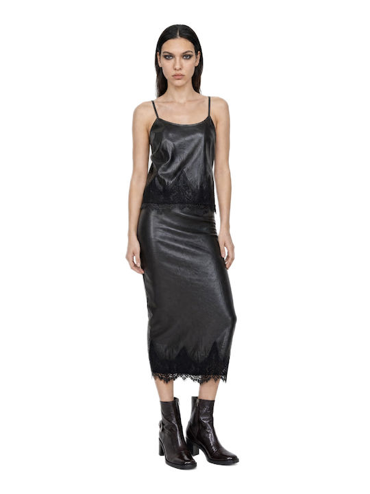 Women's Leather Crop Top with Spaghetti Straps Black