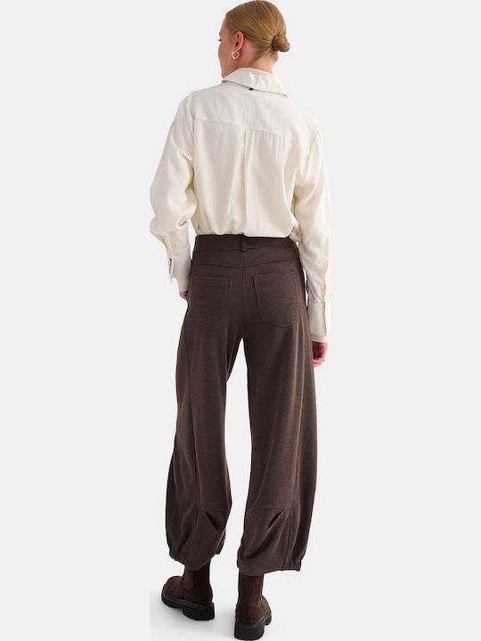 Pantaloni Dama Cu Talie Inalta Din Tesatura Maro