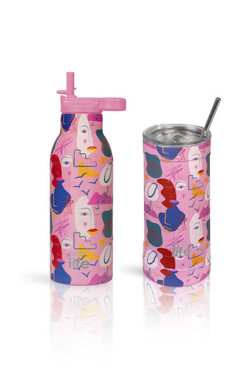 Ecolife Ecolife Thermosflasche Rostfreier Stahl / Aluminium BPA-frei 500ml Rosa mit Stroh