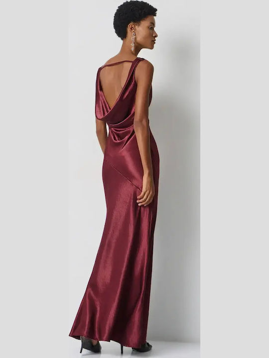Maxi Βραδινό Φόρεμα Σατέν Ντραπέ Burgundy
