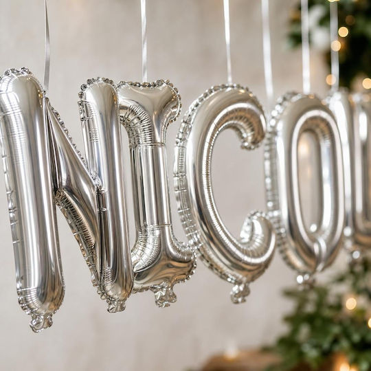 Set of 8 Number Balloons with Name Foil Silver 40cm with Personalization