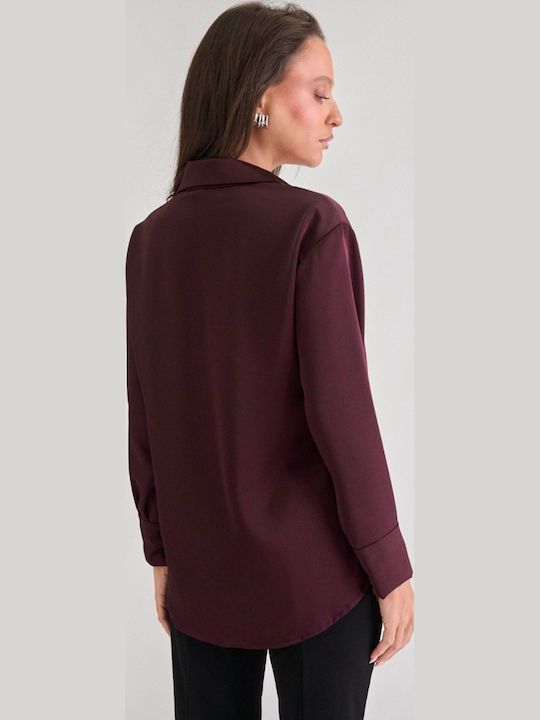 Long Sleeve Women's Satin Shirt Burgundy