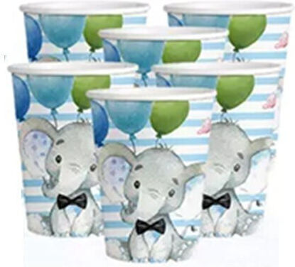 Set 10 Pahare Flippy Cu Imprimeu Elefant Carton 7.5 X 8.5 Cm Albastre