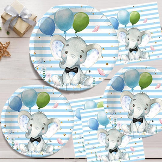 Set 10 Farfurii De Unică Folosință Flippy Cu Imprimeu Elefant Carton 17 Cm Albastre