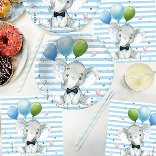 Set 10 Farfurii De Unică Folosință Flippy Cu Imprimeu Elefant Carton 17 Cm Albastre