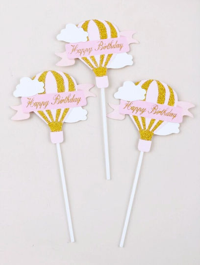 Set 3 Cake Toppers Flippy Design Balon cu Aer Cald Temă La Mulți Ani Roz