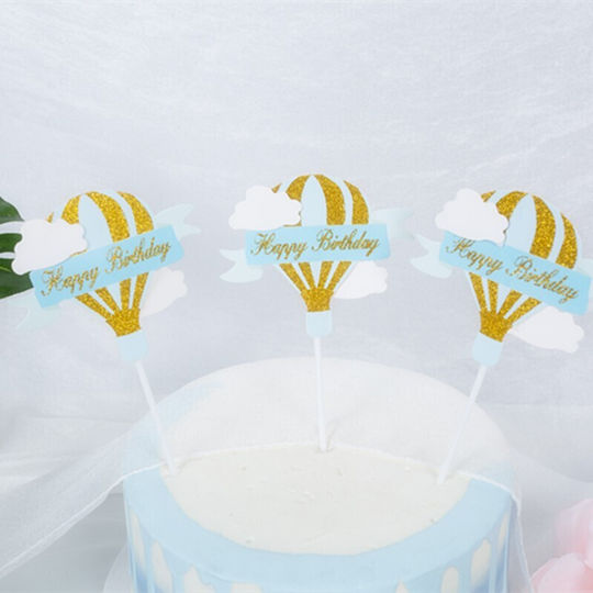 Set 3 Cake Toppers Flippy Hot Air Balloon Design Happy Birthday Birthday Theme Blue