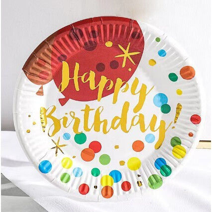 Set 10 Disposable Plates Flippy Happy Birthday Polka Dot Print Cardboard 18 Cm Diameter Multicolor