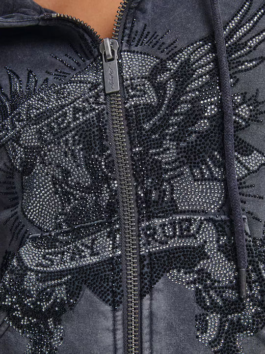 Cropped Women's Sweatshirt Cardigan Hooded Black