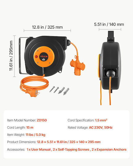 Vevor Extension Cord Reel with Cable 15m