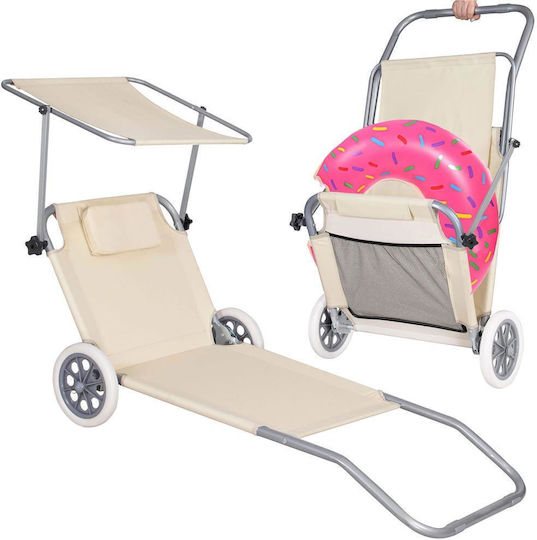 Șezlong De Plajă Bej Pliabil Din Plastic Cu Parasolar 150x61cm