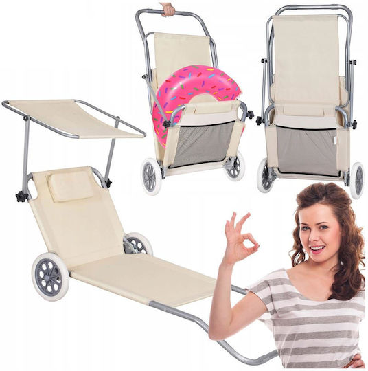 Șezlong De Plajă Bej Pliabil Din Plastic Cu Parasolar 150x61cm