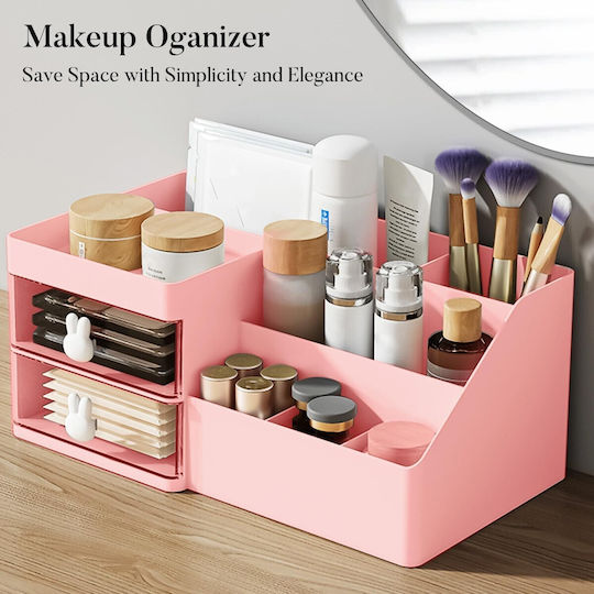 Office Storage Box Flippy Makeup Stationery Cosmetics Organizer 2 Drawers Multiple Compartments Bunny Design Plastic 27.5x15.5x12 Cm Pink