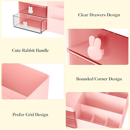 Office Storage Box Flippy Makeup Stationery Cosmetics Organizer 2 Drawers Multiple Compartments Bunny Design Plastic 27.5x15.5x12 Cm Pink