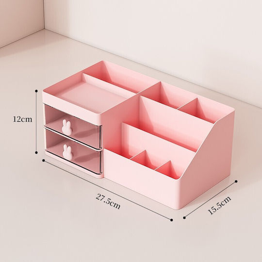 Office Storage Box Flippy Makeup Stationery Cosmetics Organizer 2 Drawers Multiple Compartments Bunny Design Plastic 27.5x15.5x12 Cm Pink