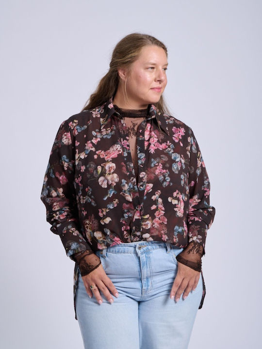Long Sleeve Women's Silky Shirt Brown-Blue-Pink Floral