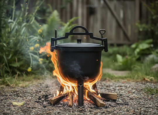 Cast Iron Hunting Pot Lid Legs Outdoor Cooking 8 Liters 32x47 Cm Black