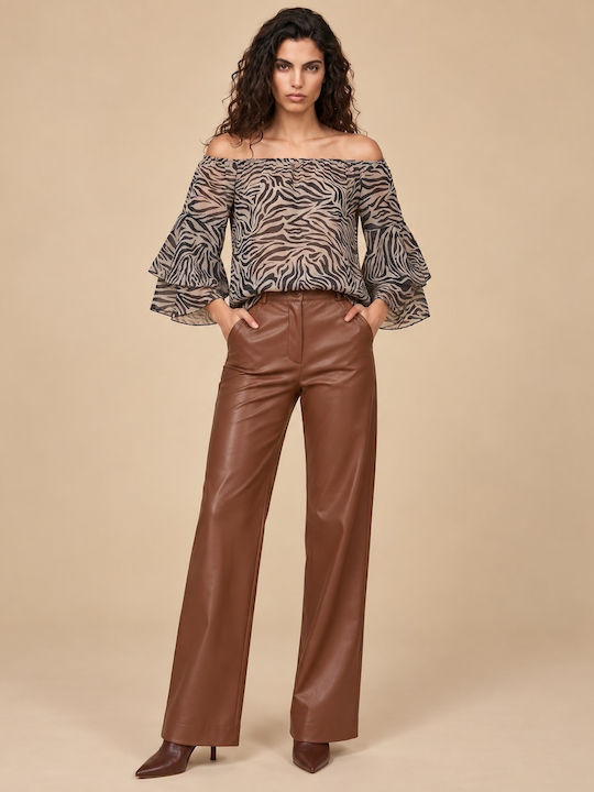 Γυναικεία Μπλούζα με Μανίκι 3/4 Animal Print Καφέ