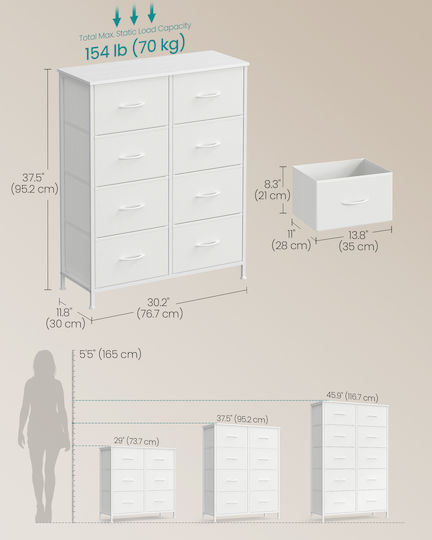 Chest of Drawers from Wood & Metal with 8 Drawers White with Fabric Lining 76.7x30x96.2cm