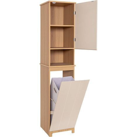 Eurocasa Badezimmer-Säule MDF Wäschekorb 1 Außenregal 2 Innere Regale 38x36x173cm Braun Beige 9747