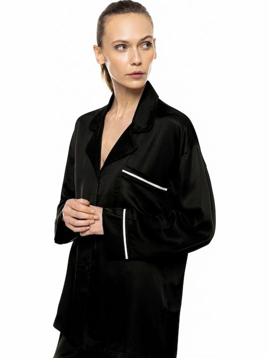 Pink Label Winter Damen Schlafanzug & Pyjamas Satin Schwarz