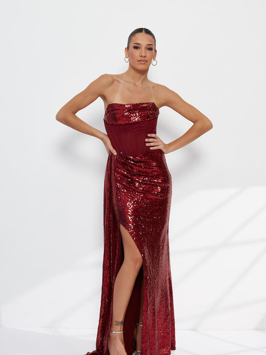 Καλοκαιρινό Maxi Βραδινό Φόρεμα Strapless Σατέν με Διαφάνεια Μπορντό
