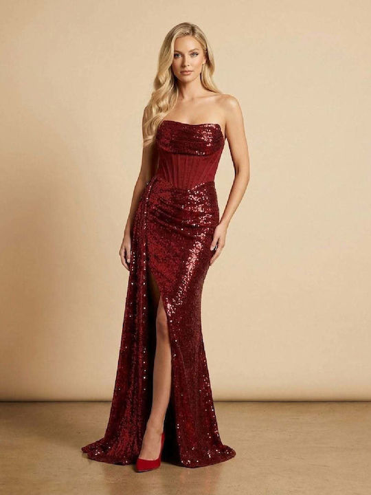 Καλοκαιρινό Maxi Βραδινό Φόρεμα Strapless Σατέν με Διαφάνεια Μπορντό