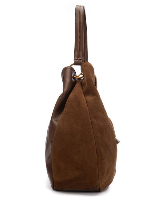Damen-Schultertasche aus Leder und Wildleder Camel