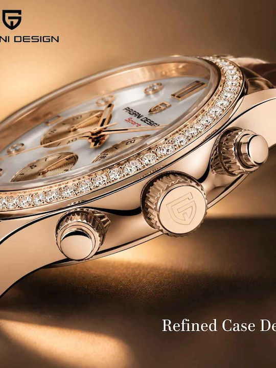 Ceas Dama 36mm Cronograf Cu Baterie Cu Curea Din Piele Rose Gold/Maro
