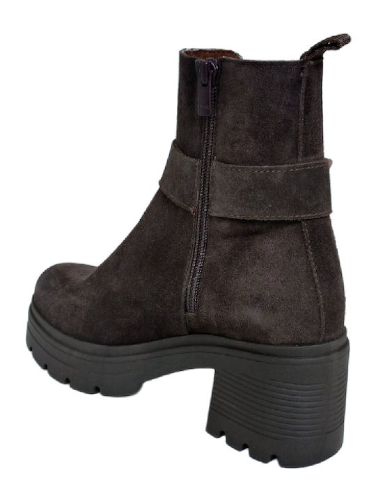 Damen Leder-Kampfstiefel mit Mittelhohem Absatz Braun