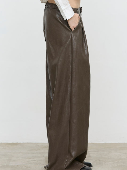 Women's Leather Pantaloons with Rubber Band in Loose Fit Brown
