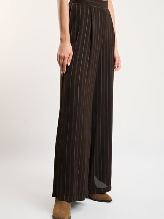 Women's Brown Set with High Rise Trousers Striped