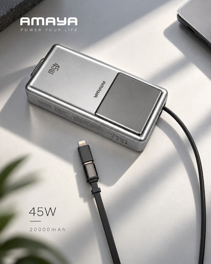 Amaya Apb-f231 Външна Батерия 20000mah 45w Вграден Кабел Usb-c – Сребриста