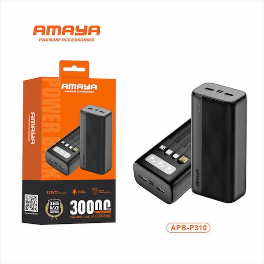 Amaya APB-P310 Външна Батерия 30000mAh 12W Вградени Кабели LED Фенер Черен
