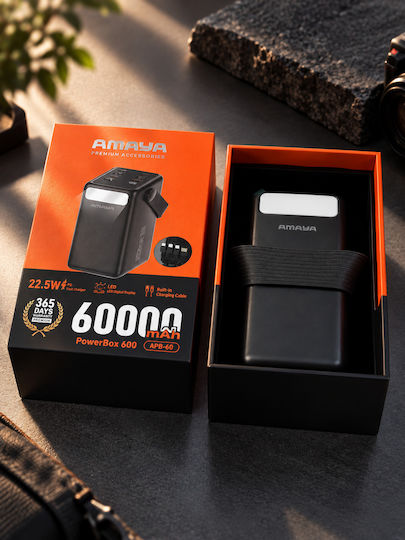 Amaya Apb-60 Външна Батерия 60000mah 22.5w Вградени Кабели Цифров Дисплей Led Осветление Черна